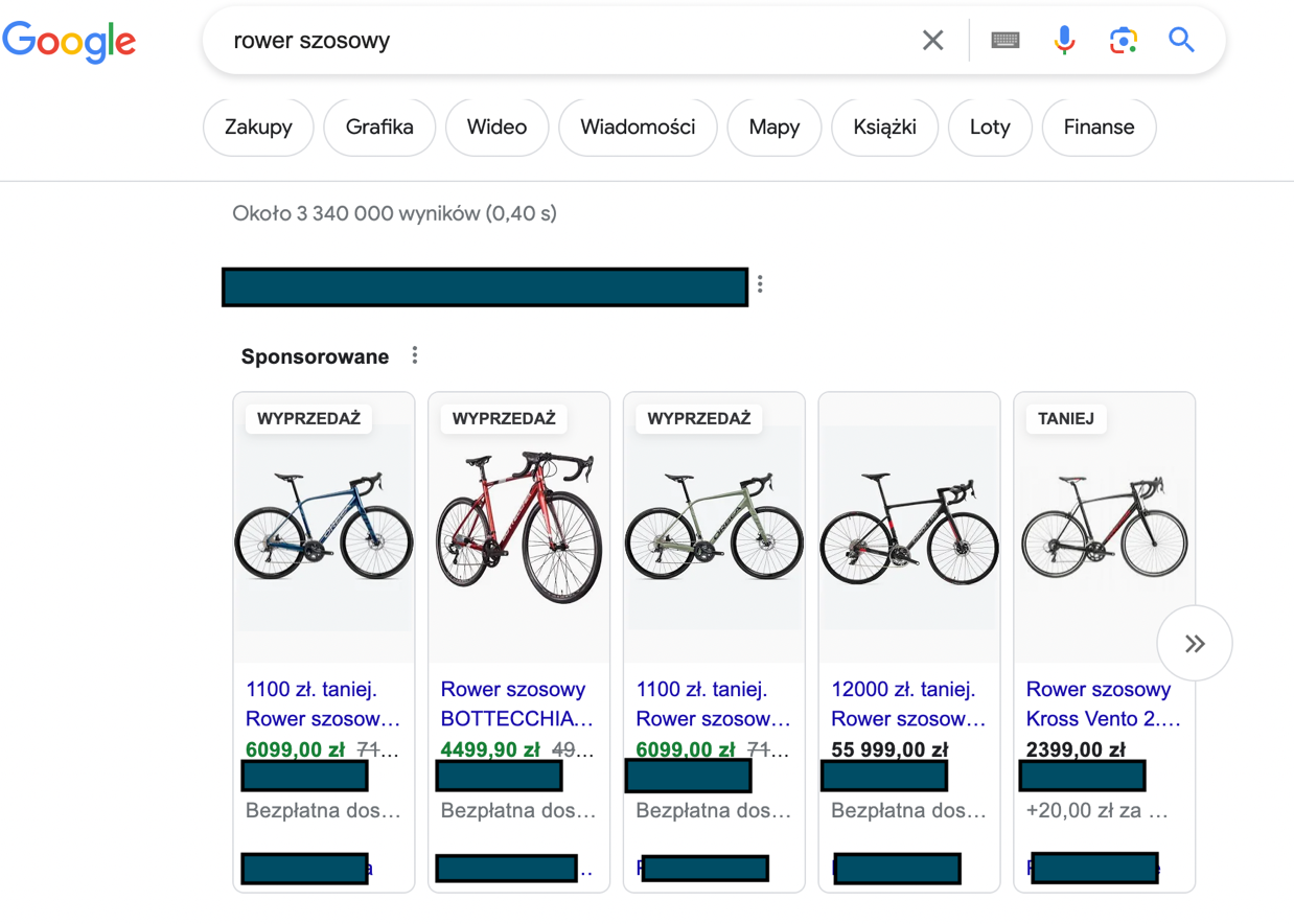 strona wyszukiwarki Google - wyniki dla zapytania: rower szosowy