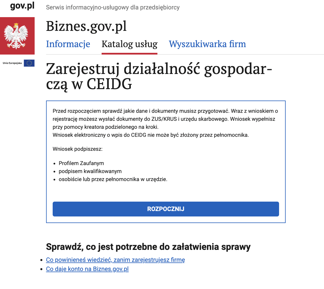 okno rozpoczęcia rejestracji firmy online - zrzut z CEIDG
