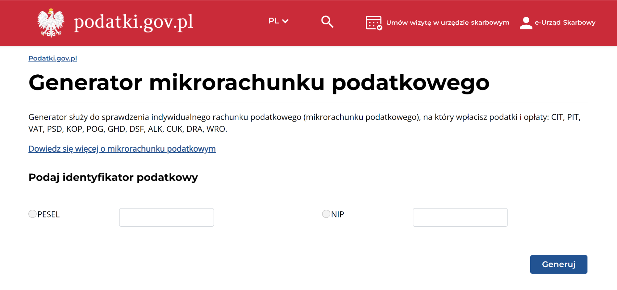 podatki.gov.pl, generowanie mikrorachunku