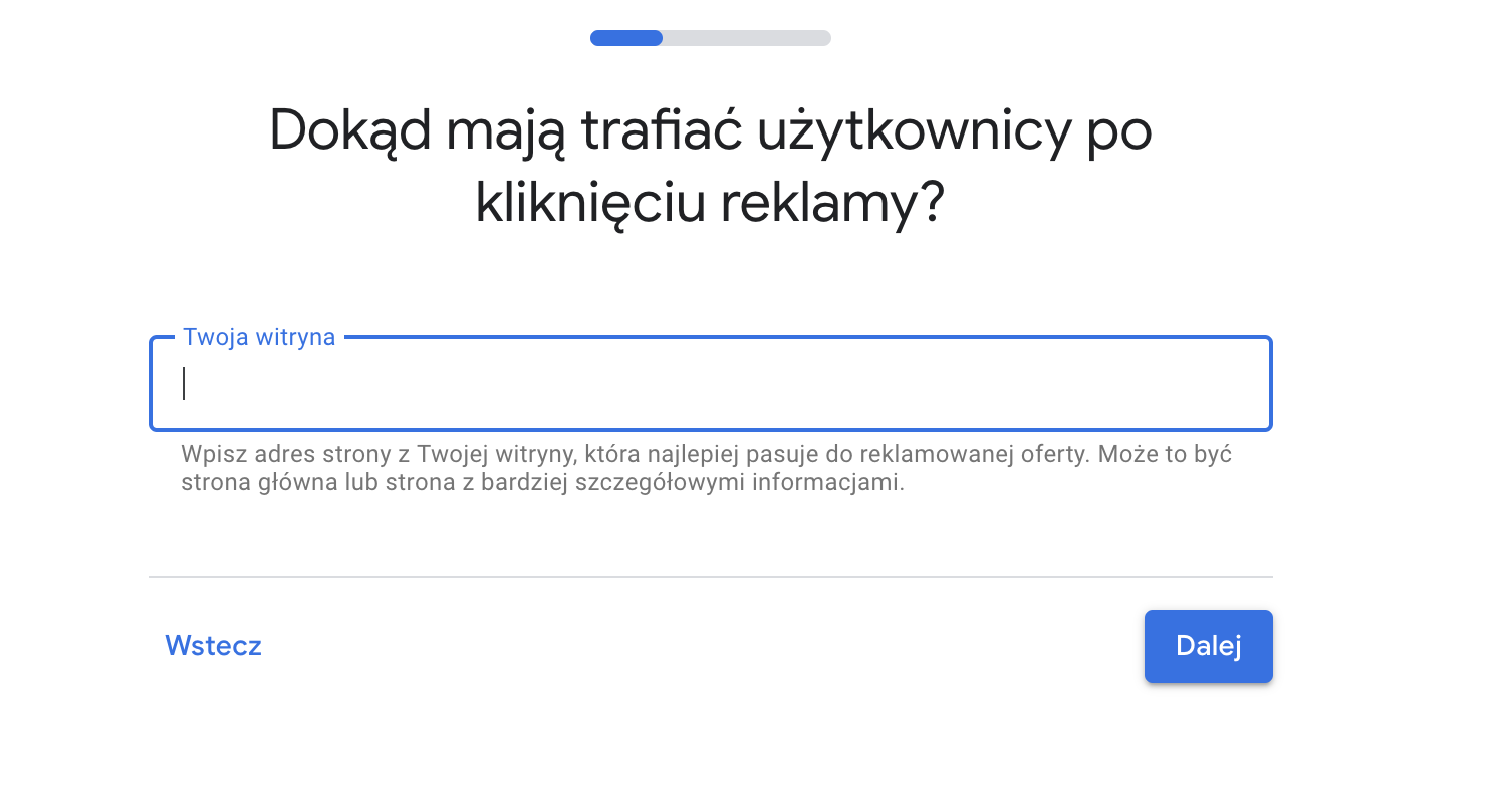 okno z adresem strony do wpisania, Google Ads