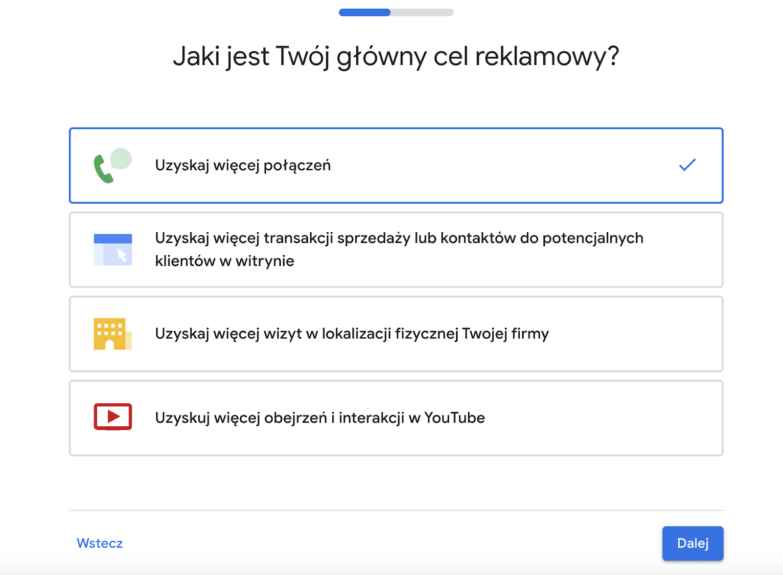 formularz do określenia celu reklamy Google Ads