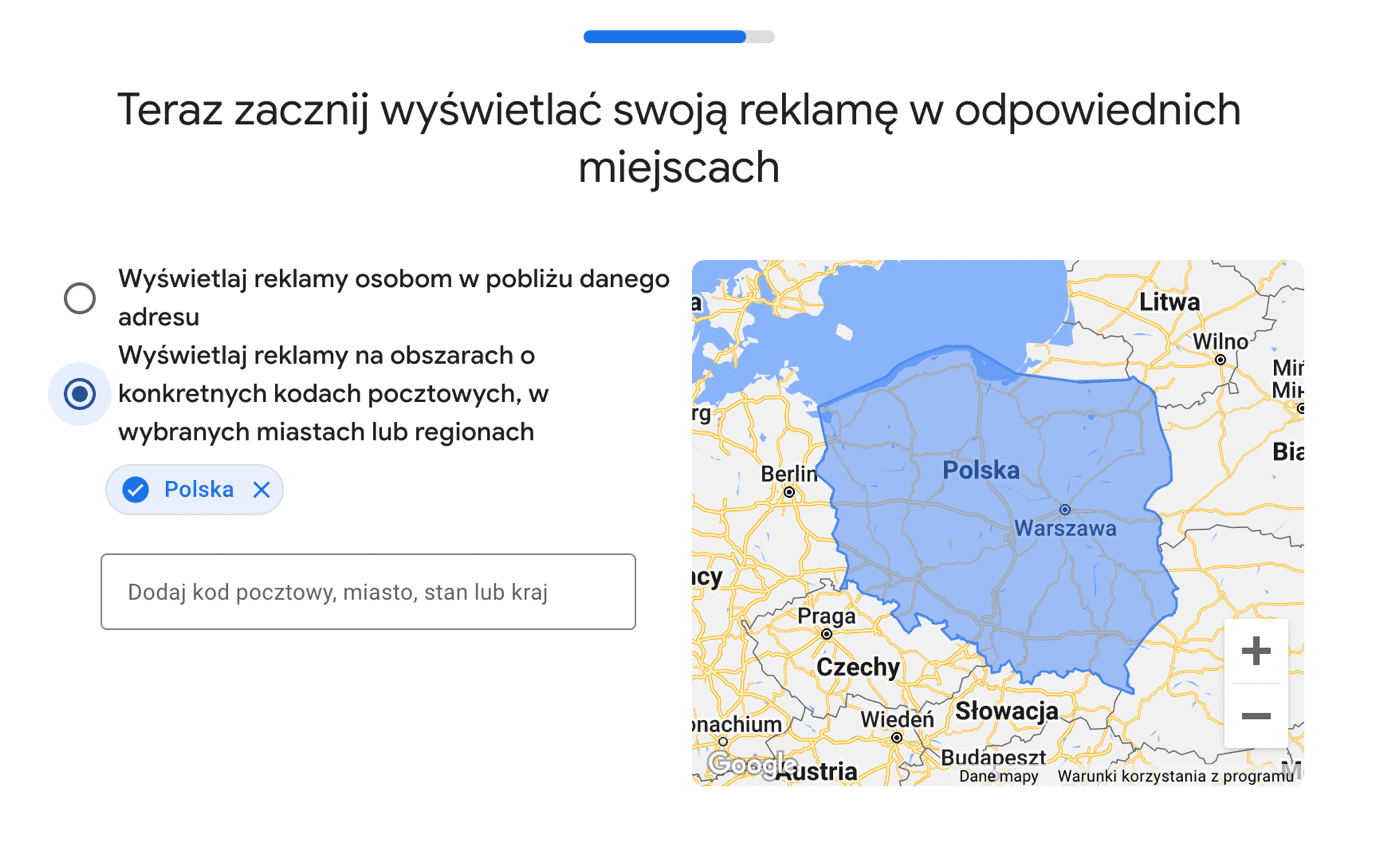 okno do określenia zasięgu reklamy Google Ads