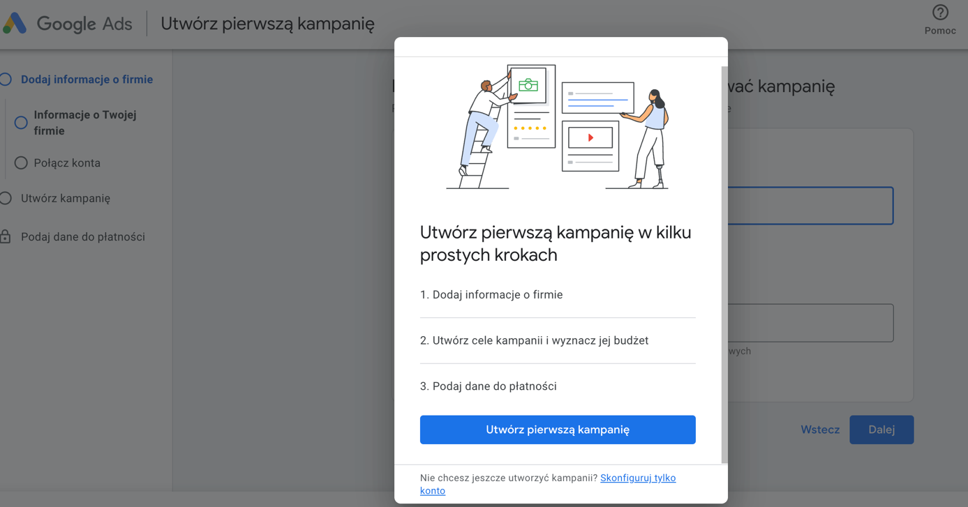 powiadomienie o tworzeniu pierwszej kampanii Google Ads