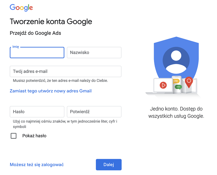 formularz z danymi firmy podczas tworzenia konta Google Ads