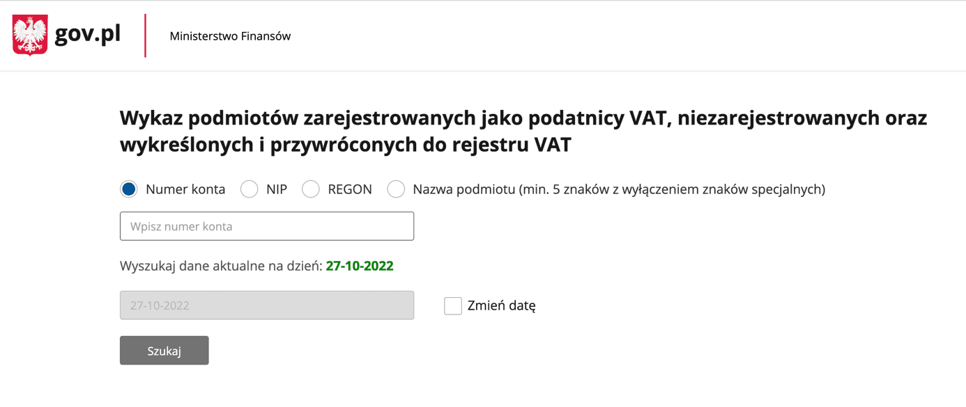 Zrzut ekranu ze strony podatki.gov.pl z wykazem podmiotów zarejestrowanych jako podatnicy VAT