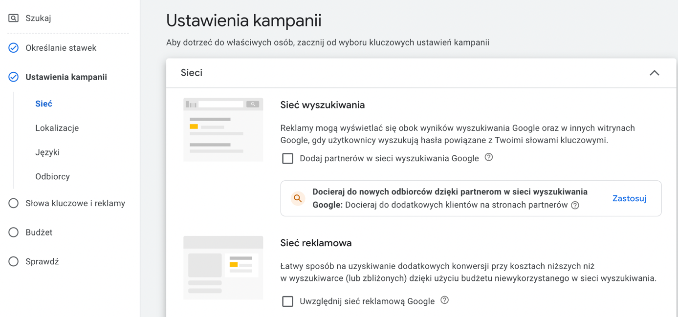 ustawienia kampanii Google Ads