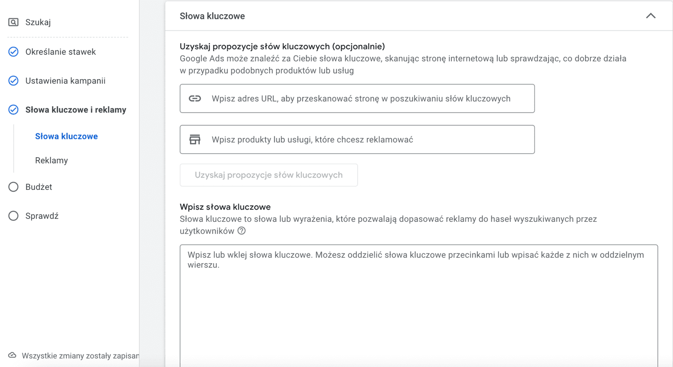 panel do zarządzania słowami kluczowymi w kampanii Ads