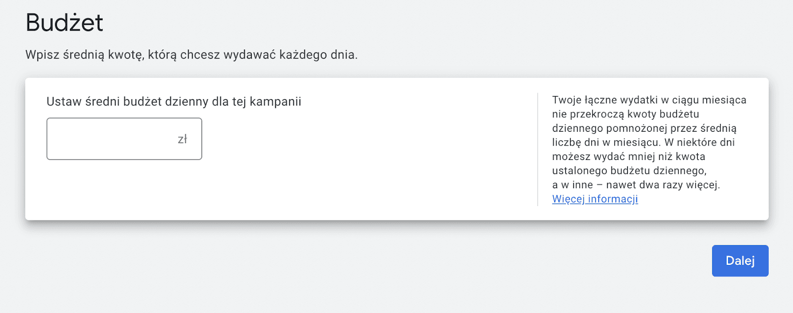 kreator Google Ads - okno do ustawienia budżetu