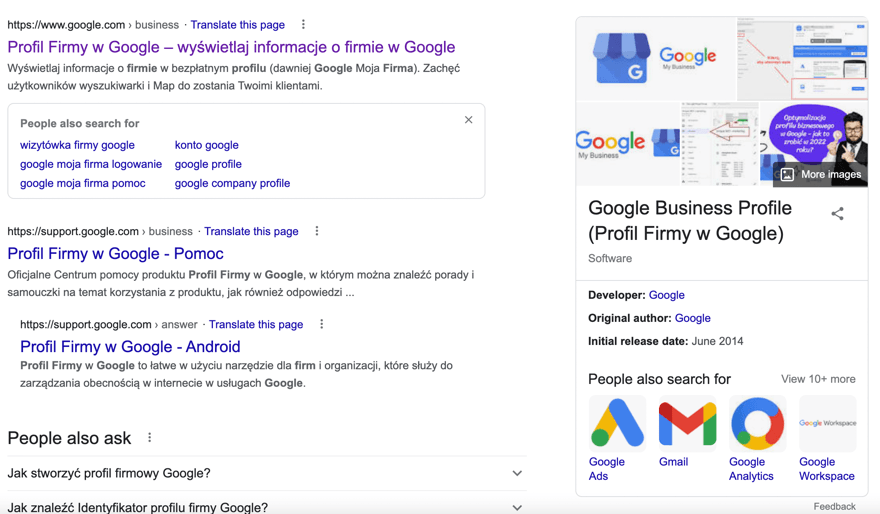 strona Google z wynikami wyszukiwania firm