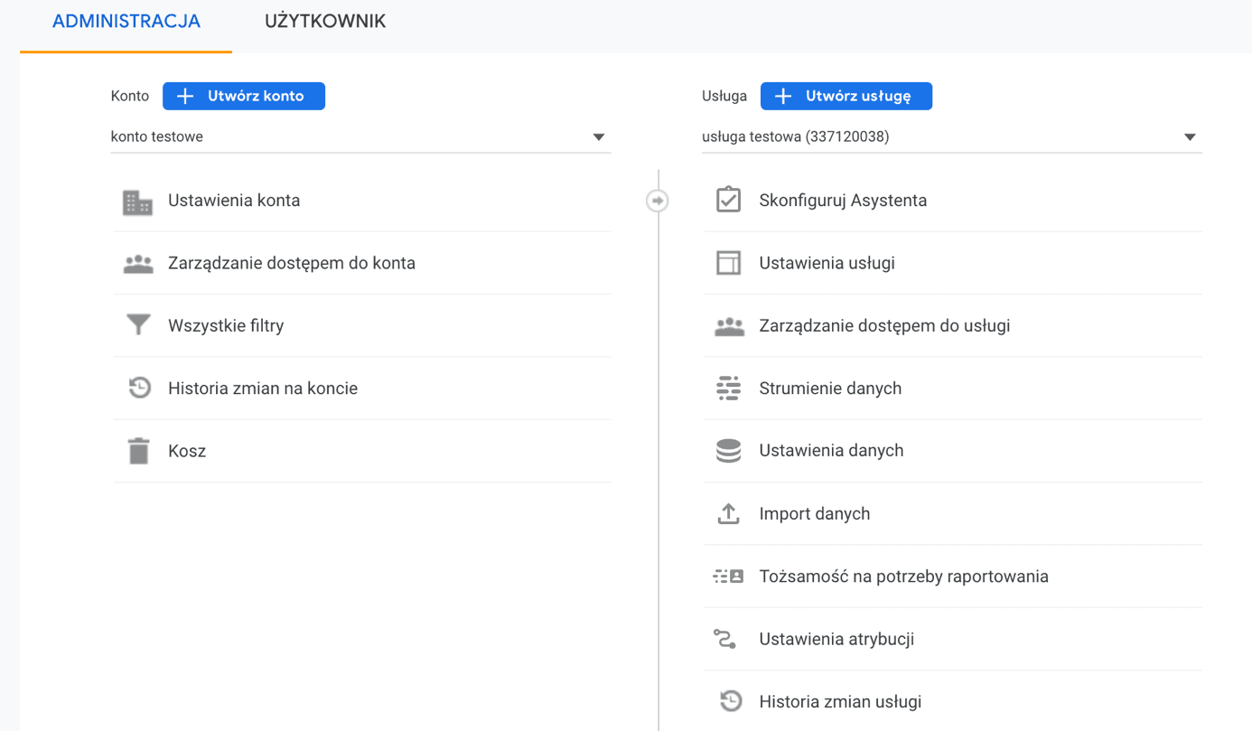Panel zarządzania kontami w Google Analytics