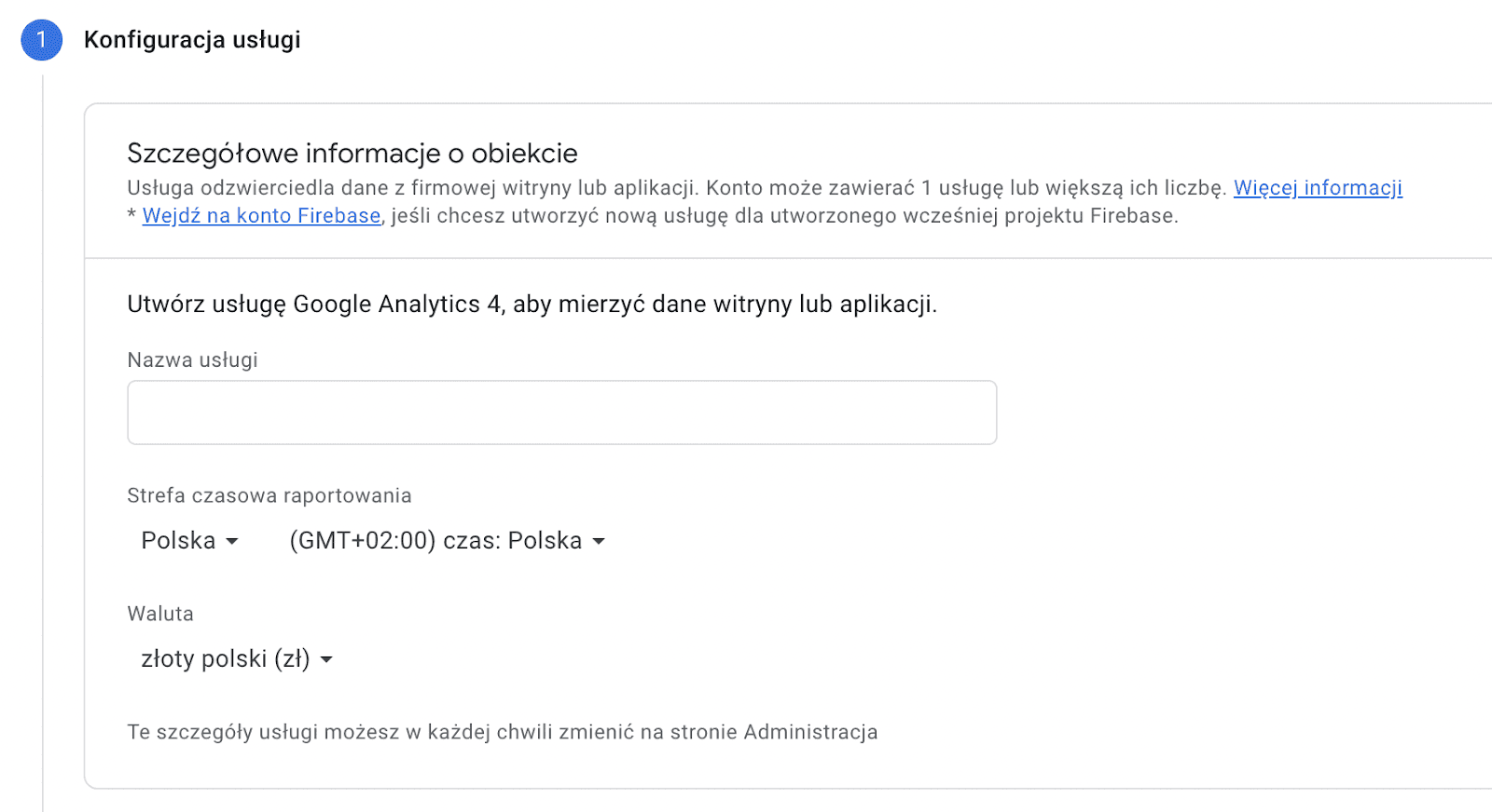 Panel konfiguracji usługi Google Analytics
