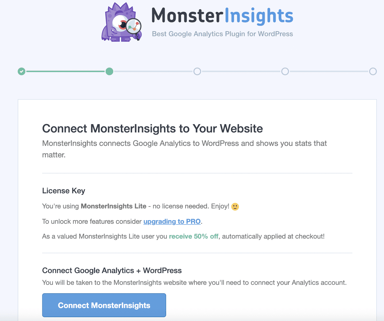 Panel programu MonsterInsights pomagający połączyć Google Analytics ze stroną