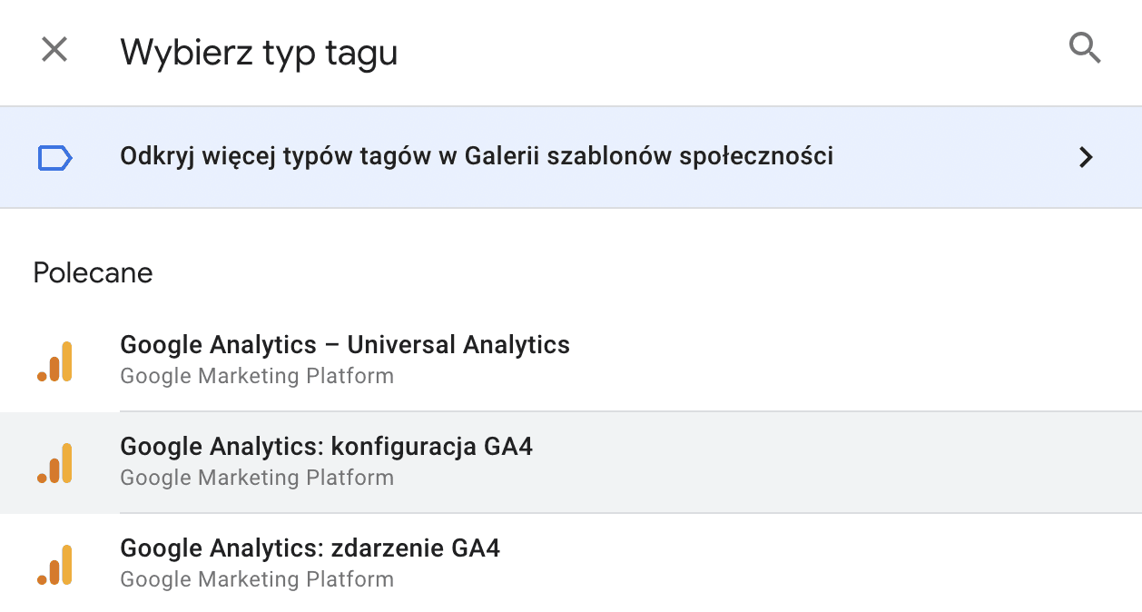 Wybór typu tagu GTM - Google Analytics 4