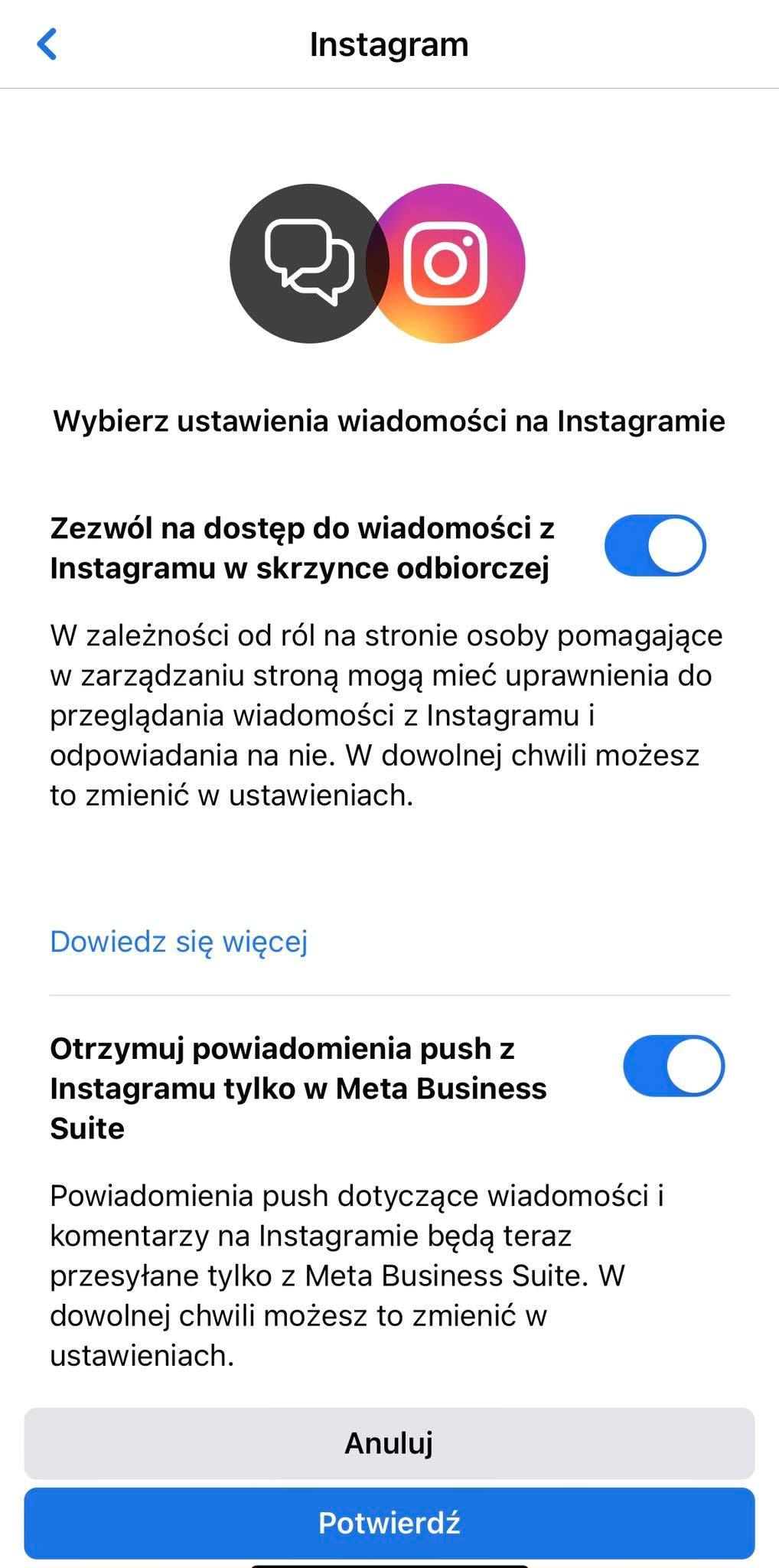 Widok do łączenia kont - Instagram