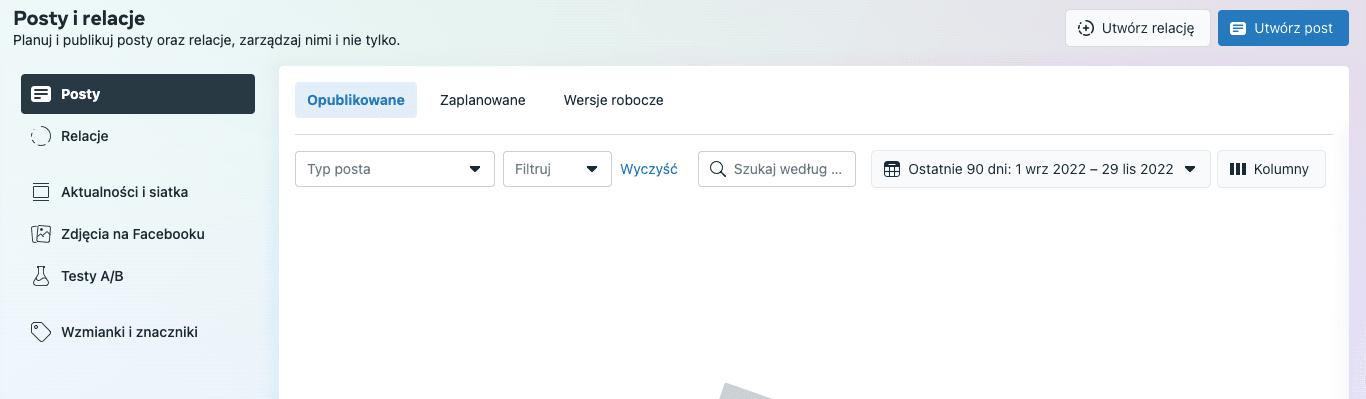 Posty i relacje - widok w Meta Business Suite