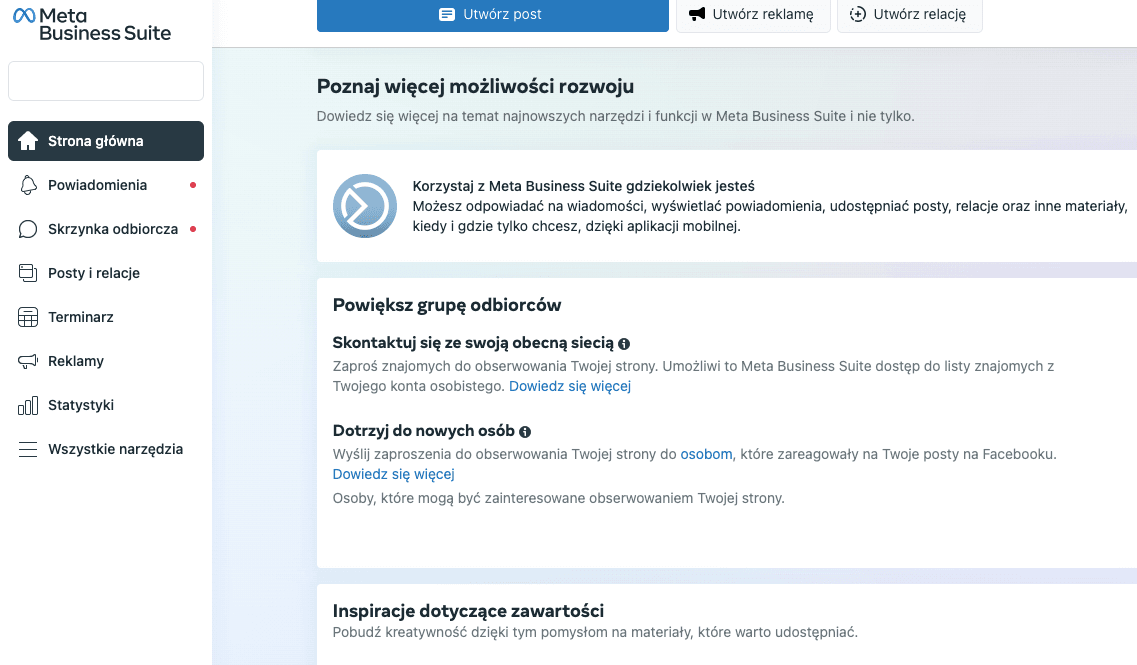 zrzut z Meta Business Suite