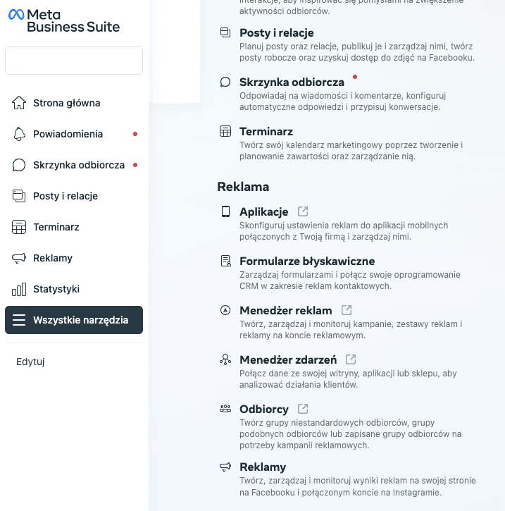 zrzut z Meta Business Suite