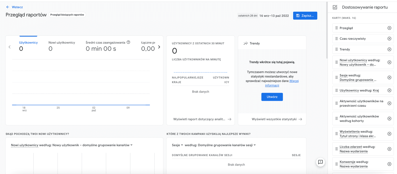 Widok dostosowania raportu Google Analytics 4