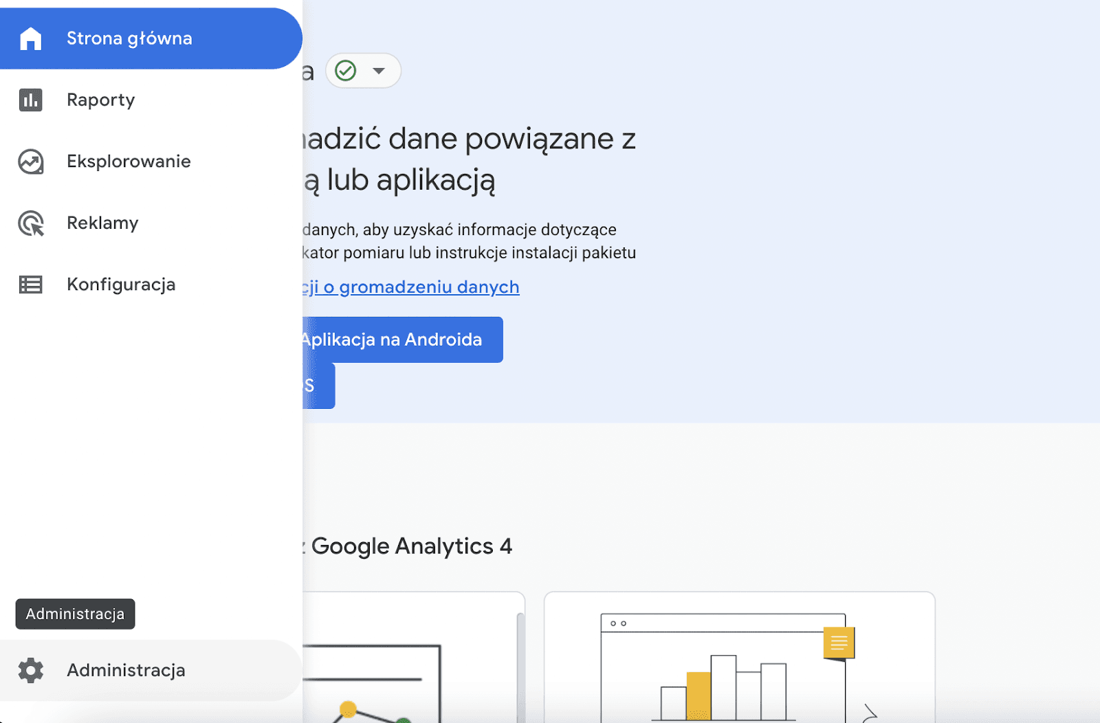 Widok głównych zakładek Panelu Google Analytics