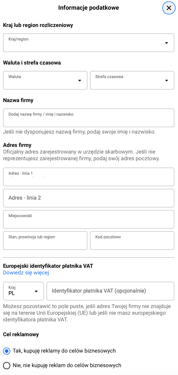 Ekran informacji podstawowych w zakładce Informacje o firmie Menedżera reklam Facebooka