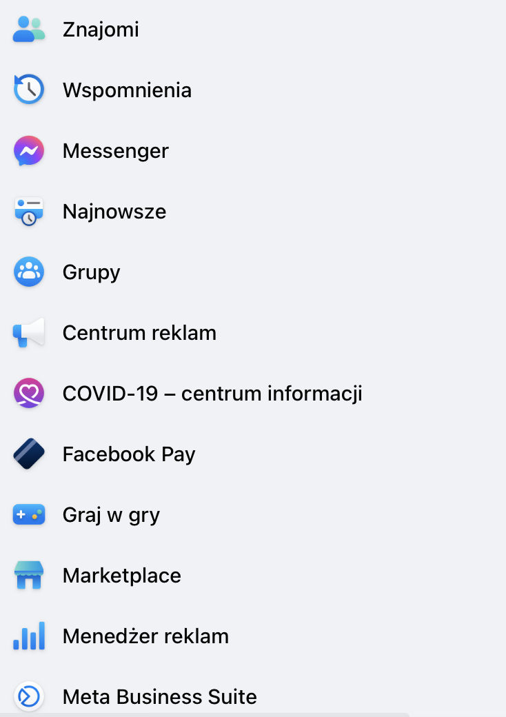 Rozwijana lista menu bocznego w Menedżerze reklam Facebooka