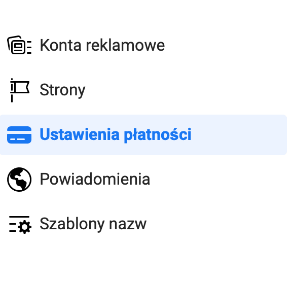 Ekran ustawień płatności w Menedżerze reklam Facebooka