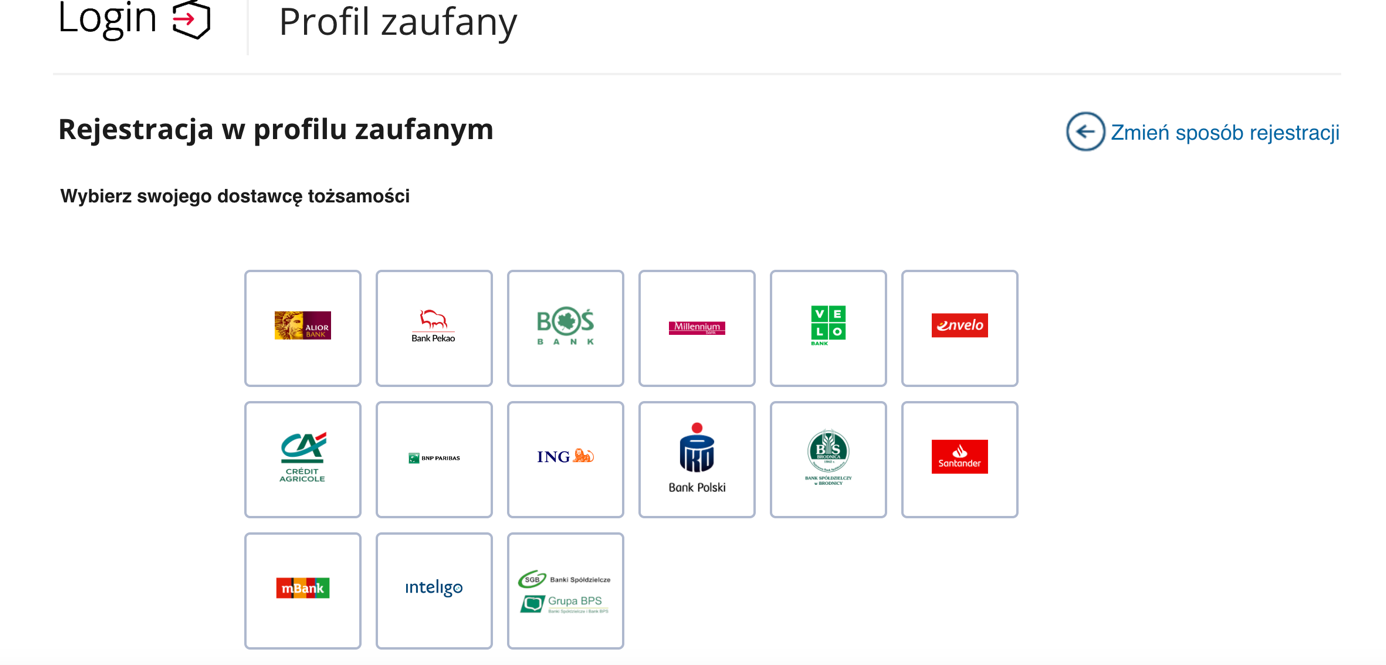 strona uwierzytelniania profilu zaufanego przez bank, screen