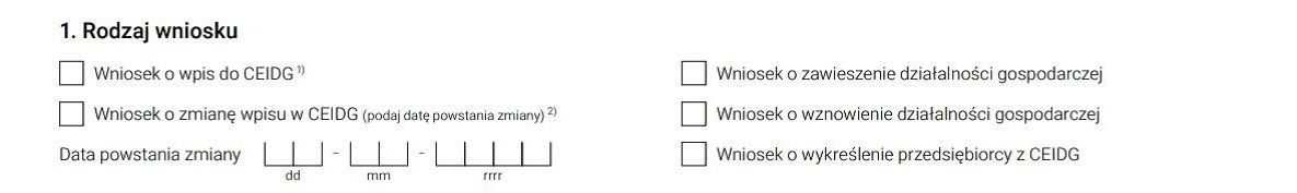ceidg-1, pytanie o rodzaj wniosku z formularza