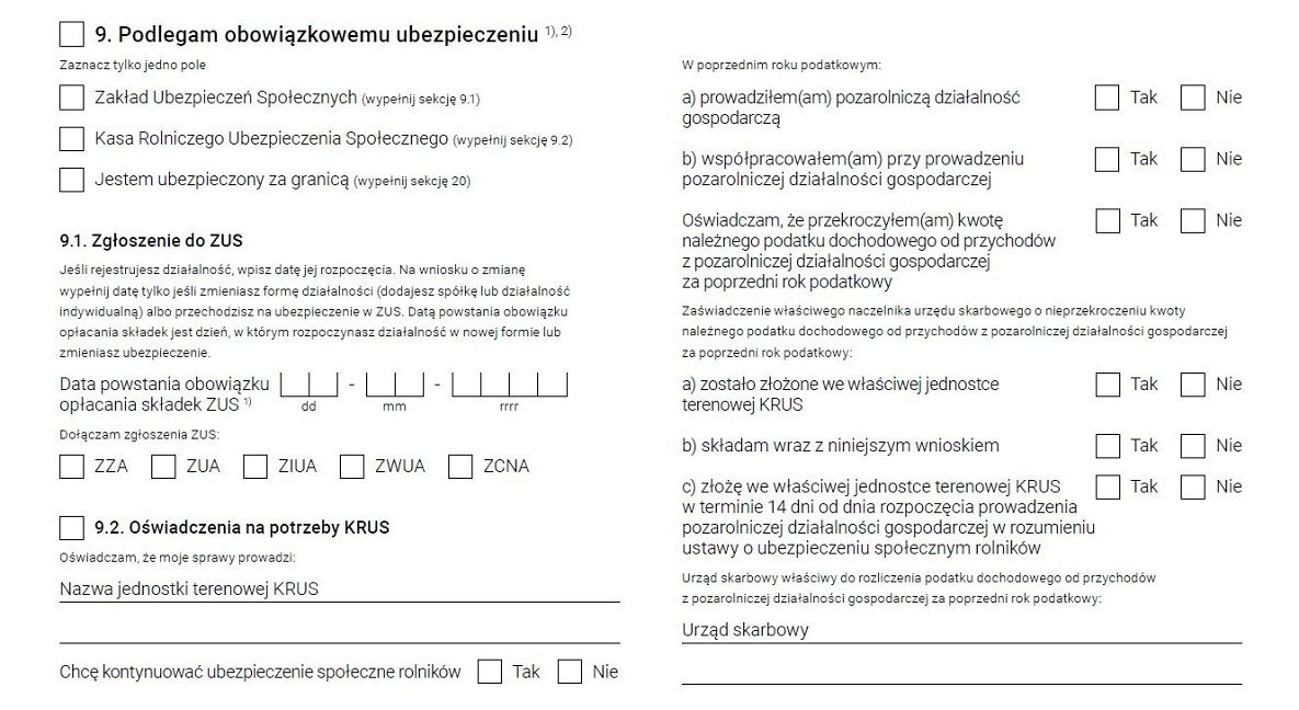 pola formularza dotyczące ubezpieczenia