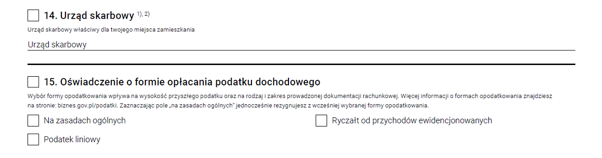 wniosek do ceidg o założenie firmy, fragment o urzędzie skarbowym