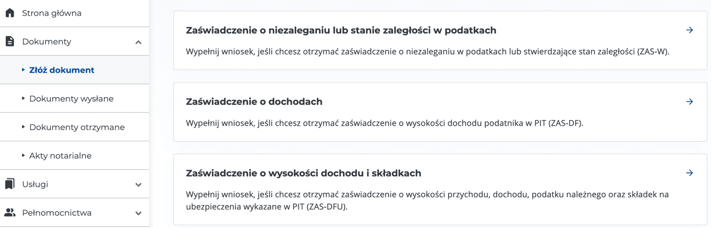 Zrzut ekranu ze strony Urzędu Skarbowego, gdzie można pobrać między innymi zaświadczenie o osiąganych dochodach