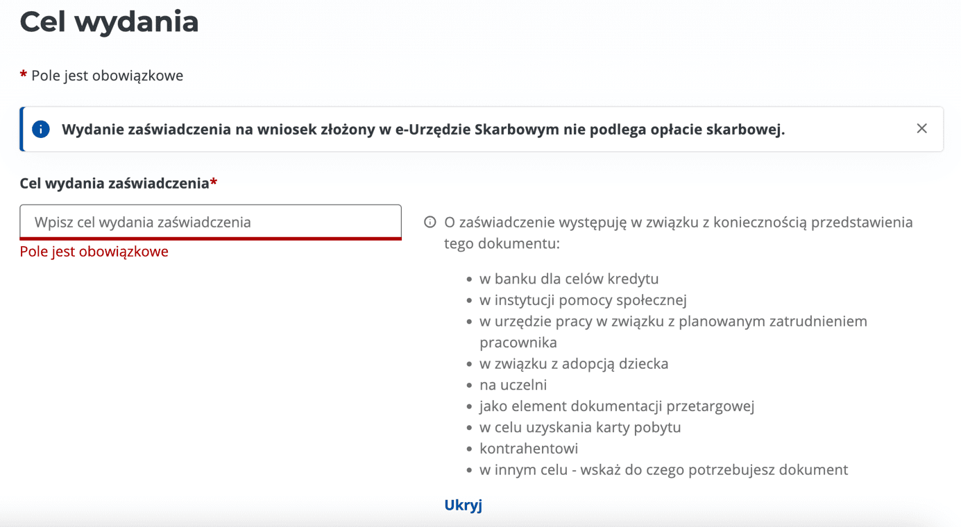 Zrzut ekranu ze strony e-Urząd Skarbowy, gdzie podaje się cel wydania zaświadczenia